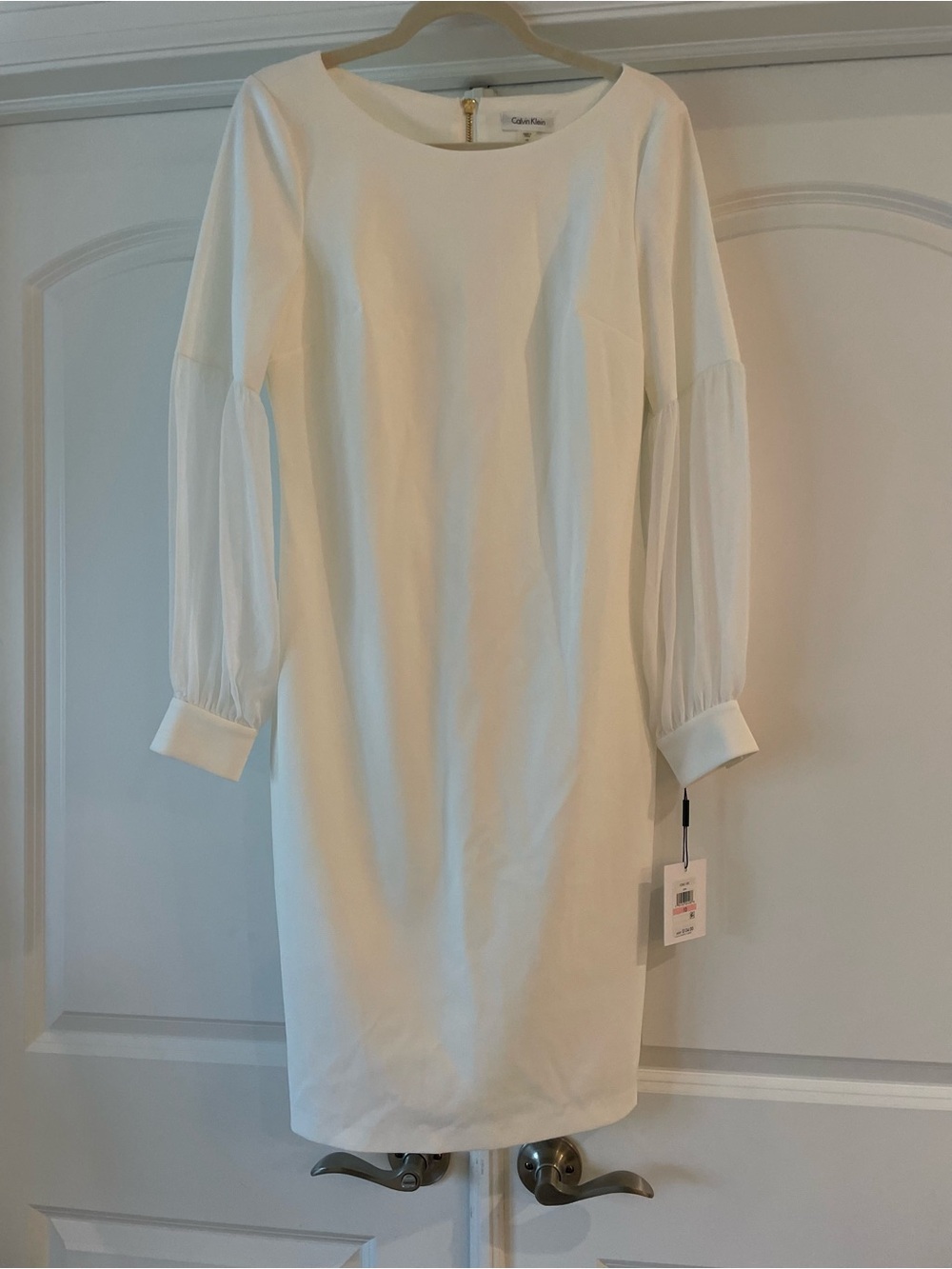 Calvin Klein White Long-Sleeve Shift Dress with Sheer Bishop Sleeves